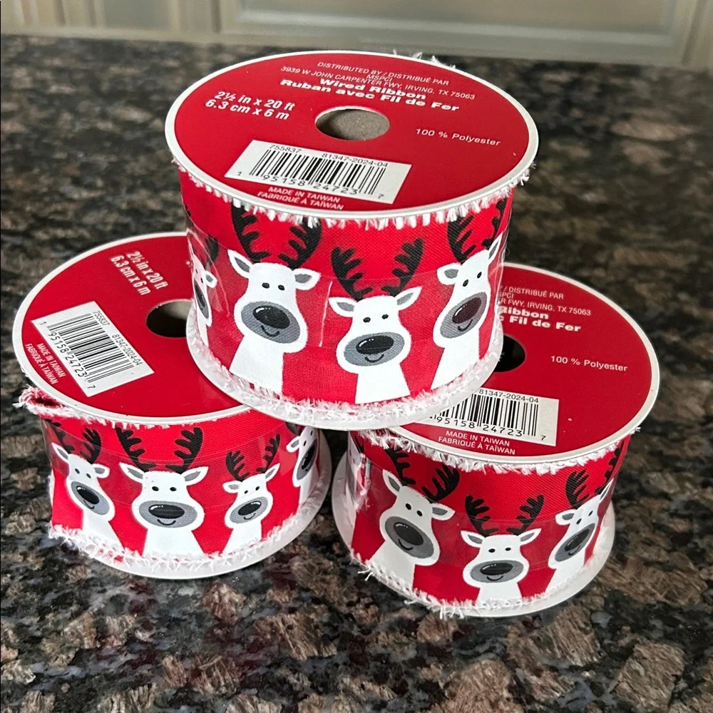 CELEBRATE IT REINDEER WIRED RIBBON 2.5 FT x 20FT LOT OF 3 NWT